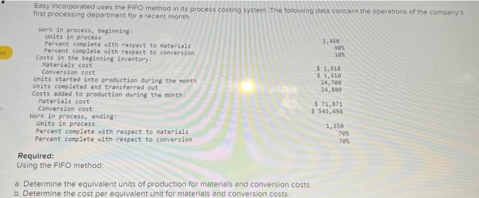 d Easy Incorporated uses the FIFO method in its process costing system.
