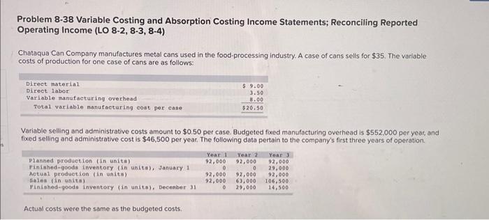 Problem 8-38 Variable Costing and Absorption Costing Income Statements; Reconciling Reported Operating