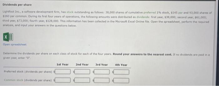 Dividends per share Lightfoot Inc., a software development firm, has stock outstanding