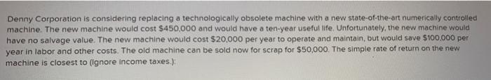 Denny Corporation is considering replacing a technologically obsolete machine with a new