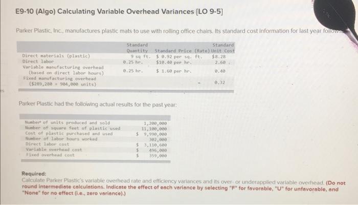E9-10 (Algo) Calculating Variable Overhead Variances [LO 9-5] Parker Plastic, Inc., manufactures