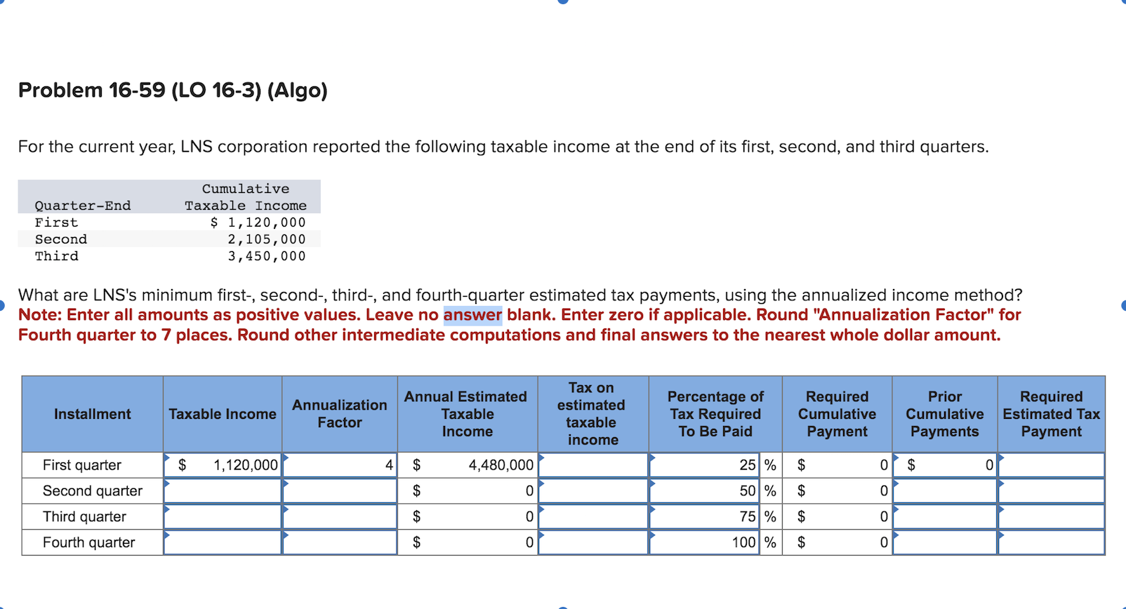 Problem 16-59 (LO 16-3) (Algo) For the current year, LNS corporation reported