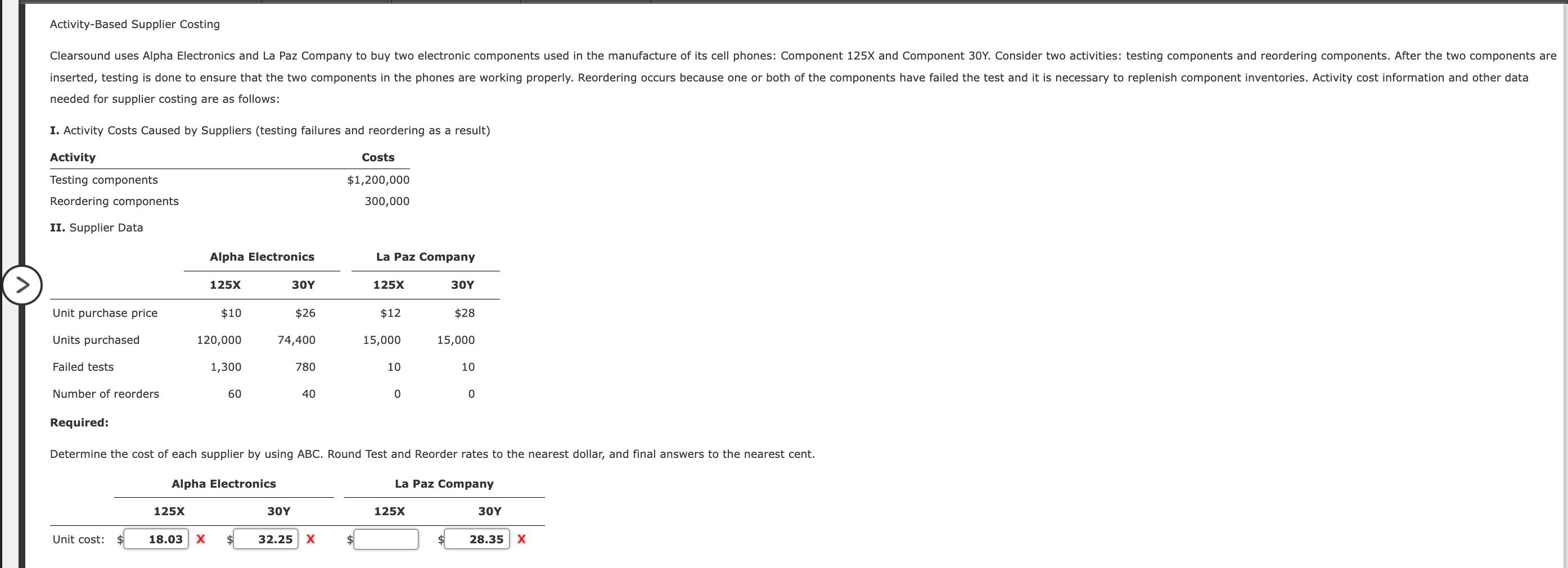 Activity-Based Supplier Costing Clearsound uses Alpha Electronics and La Paz Company to