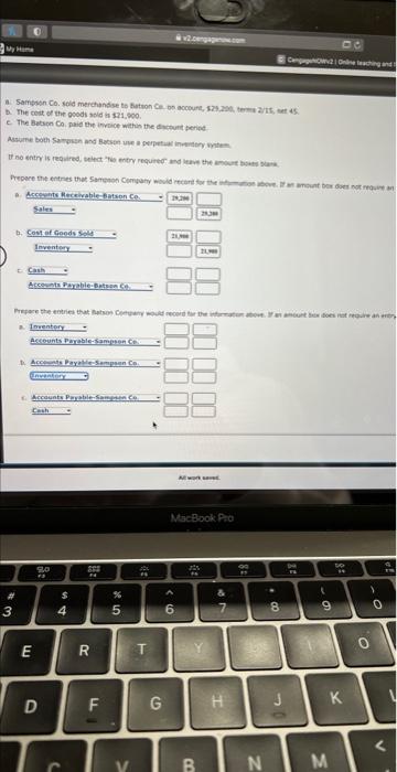My Home v2.cengagen.com Canga Online teaching and a. Sampson Co. sold merchandise