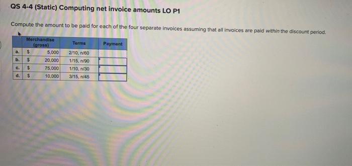 QS 4-4 (Static) Computing net invoice amounts LO P1 Compute the amount