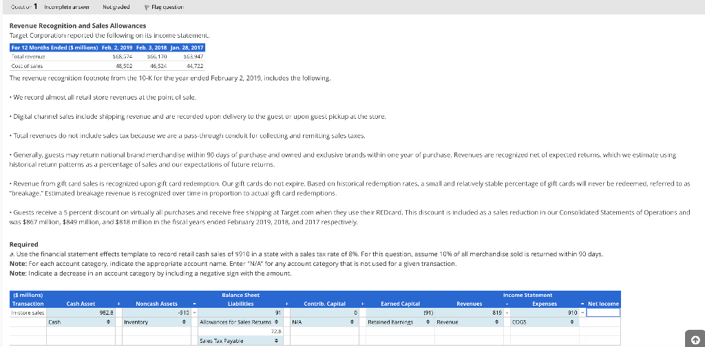 Questur 1 Incomplete answer Not graded Flag question Revenue Recognition and Sales
