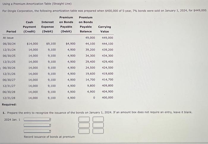 Using a Premium Amortization Table (Straight Line) For Dingle Corporation, the following