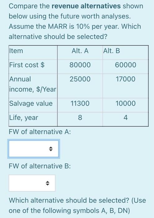 Compare the revenue alternatives shown below using the future worth analyses. Assume