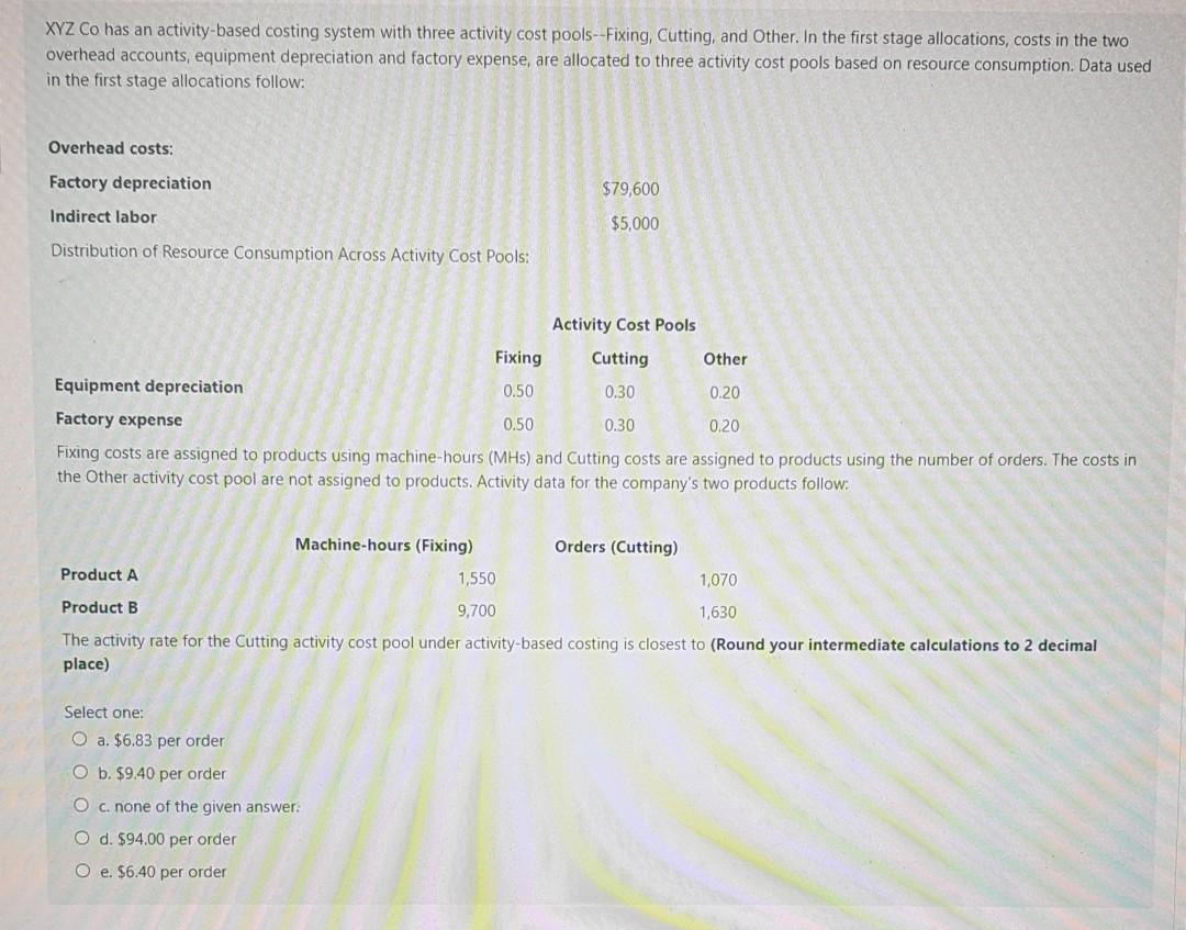 XYZ Co has an activity-based costing system with three activity cost pools--Fixing,