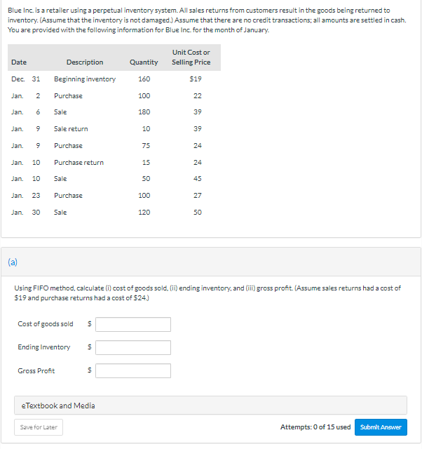 Blue Inc. is a retailer using a perpetual inventory system. All sales