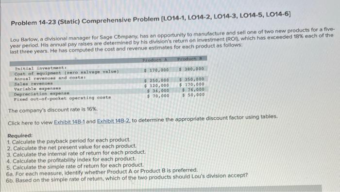 Problem 14-23 (Static) Comprehensive Problem [LO14-1, LO14-2, LO14-3, LO14-5, LO14-6] Lou Barlow,