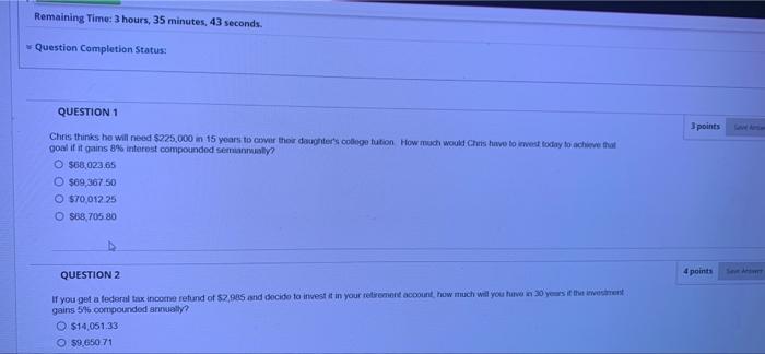 Remaining Time: 3 hours, 35 minutes, 43 seconds. Question Completion Status: QUESTION