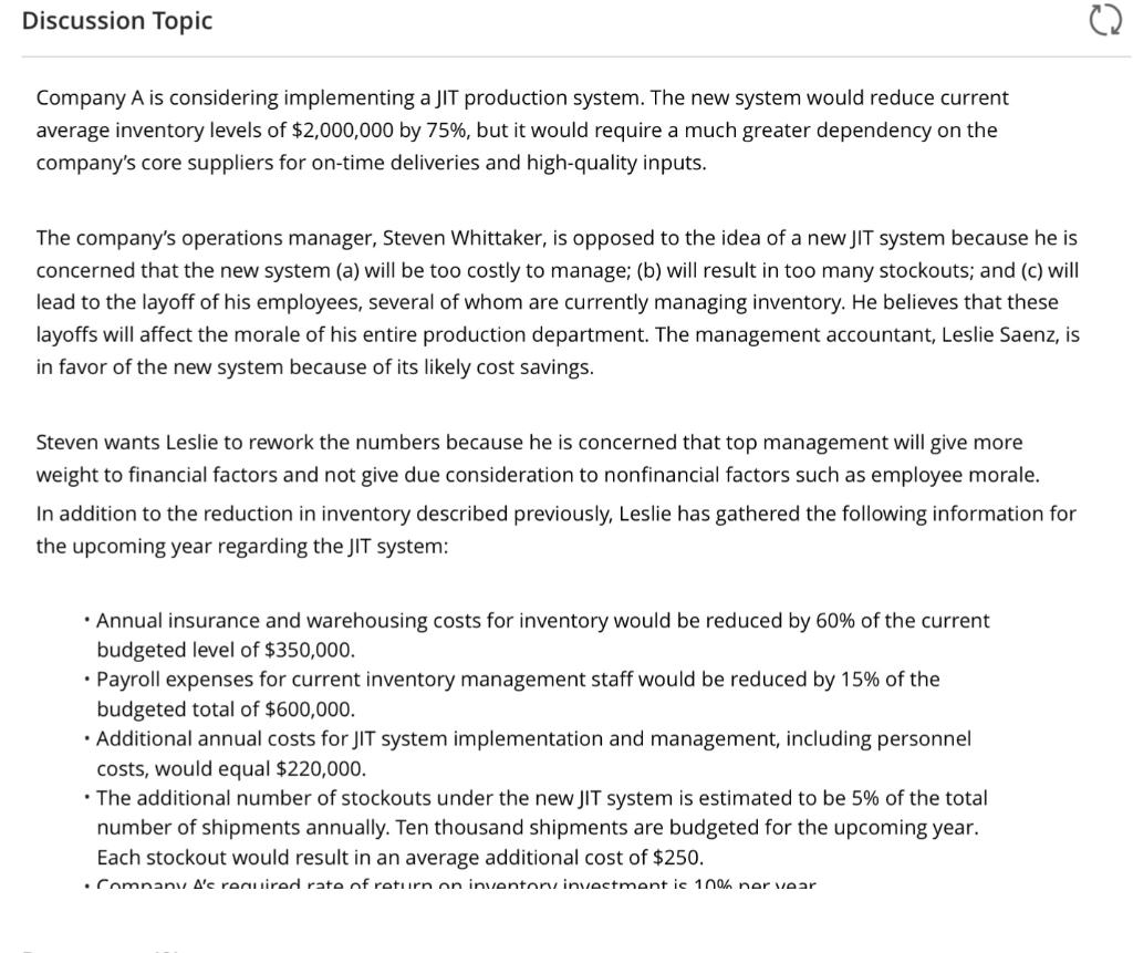 C Discussion Topic Company A is considering implementing a JIT production system.