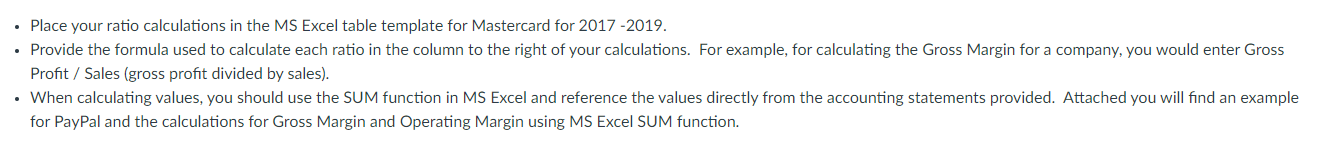 Place your ratio calculations in the MS Excel table template for Mastercard