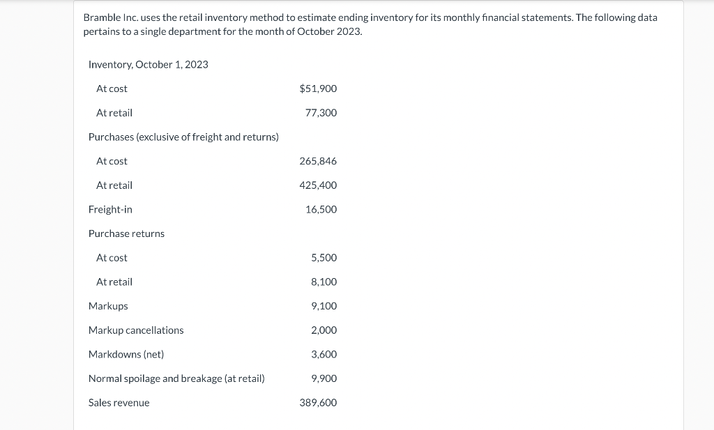 Bramble Inc. uses the retail inventory method to estimate ending inventory for