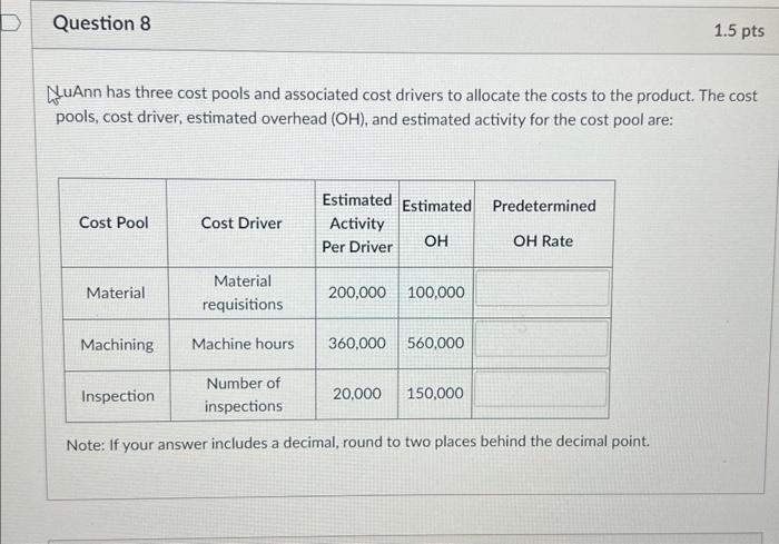 D Question 8 1.5 pts LuAnn has three cost pools and associated
