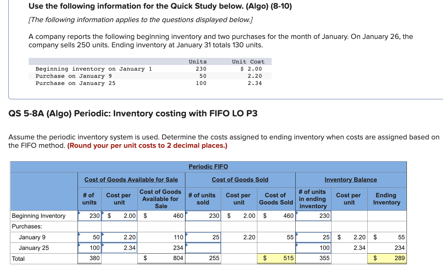 Use the following information for the Quick Study below. (Algo) (8-10) [The