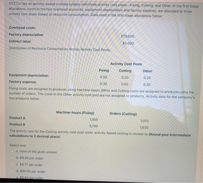 XYZ Co has an activity-based costing system with three activity cost pools--Fixing,