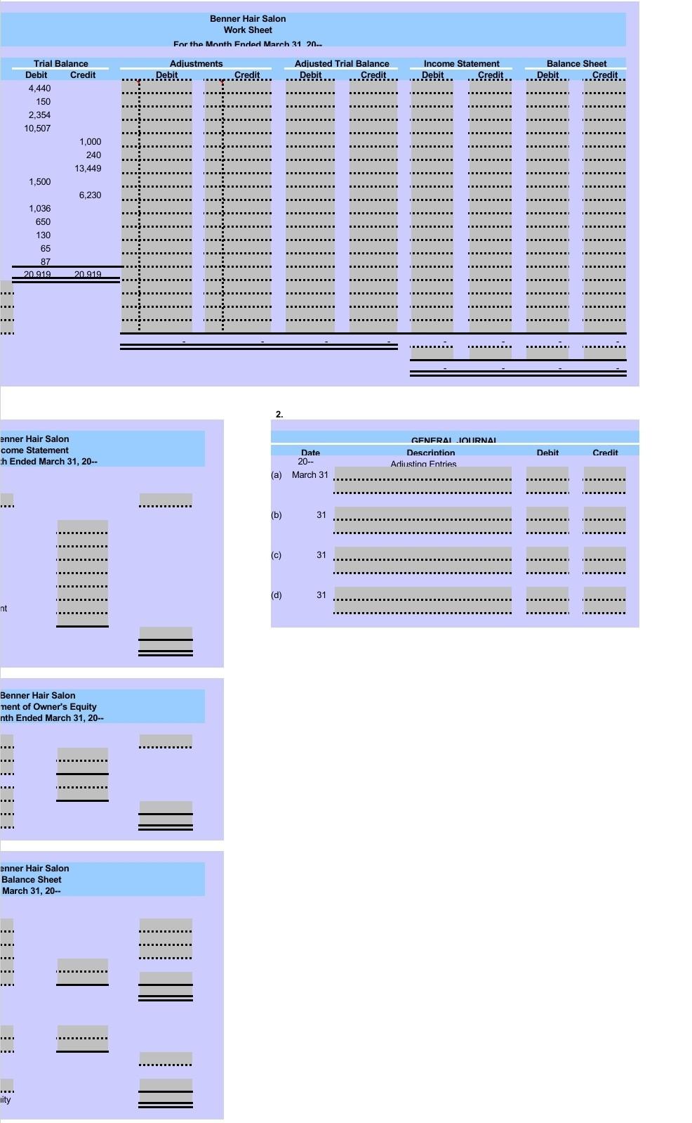 Balance March 31, 20 Account Name Debit Credit Cash 4,440 Supplies Prepaid