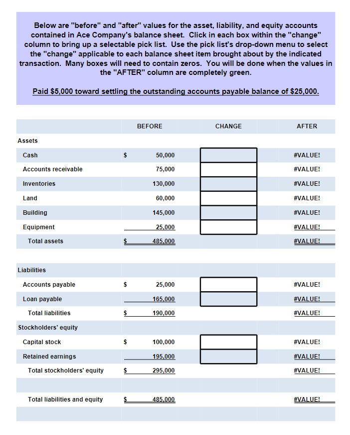 Below are "before" and "after" values for the asset, liability, and equity