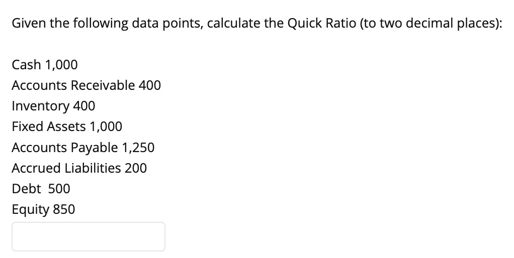 places): Cash 1,000 Accounts Receivable 400 Inventory 400 Fixed Assets 1,000 Accounts