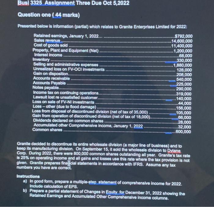 Busi 3325 Assignment Three Due Oct 5,2022 Question one (44 marks) Presented