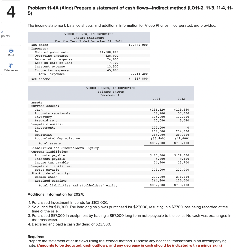 2 4 points Print References Problem 11-4A (Algo) Prepare a statement of