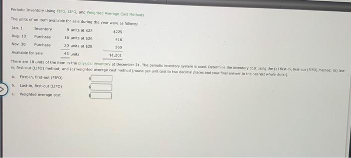 Periodic Inventory Using FIFO, LIFO, and Weighted Average Cost Methods The units