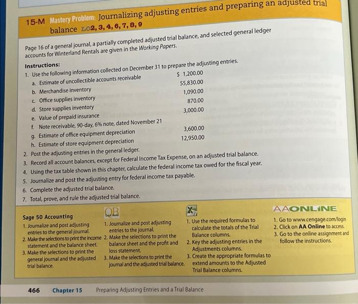15-M Mastery Problem: Journalizing adjusting entries and preparing an adjusted trial balance