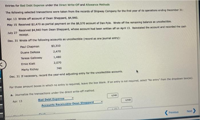 Entries for Bad Debt Expense under the Direct Write-Off and Allowance Methods