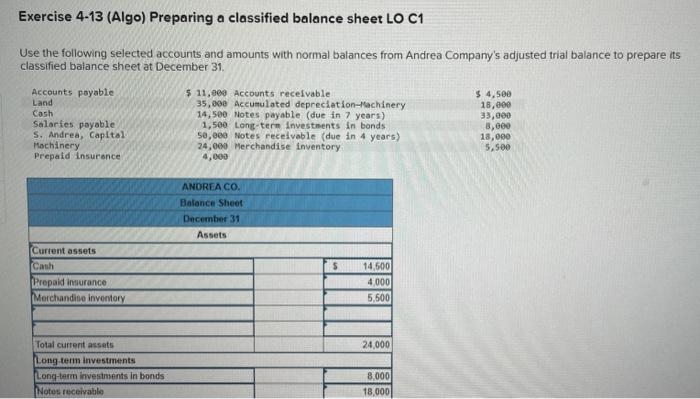 Exercise 4-13 (Algo) Preparing a classified balance sheet LO C1 Use the