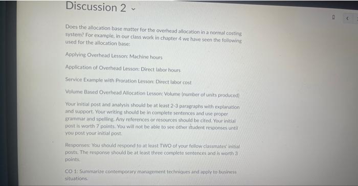 Discussion 2 Does the allocation base matter for the overhead allocation in