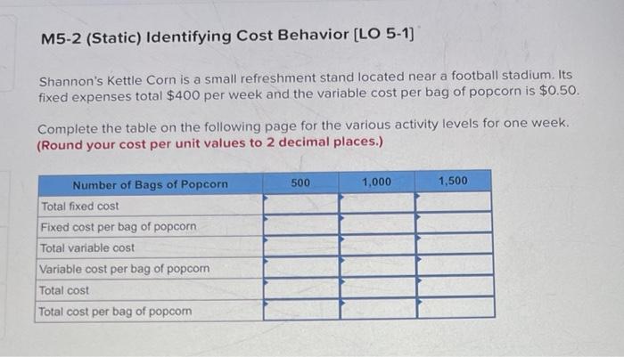 M5-2 (Static) Identifying Cost Behavior [LO 5-1] Shannon's Kettle Corn is a