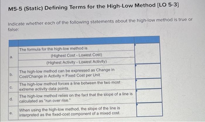 M5-5 (Static) Defining Terms for the High-Low Method [LO 5-3] Indicate whether
