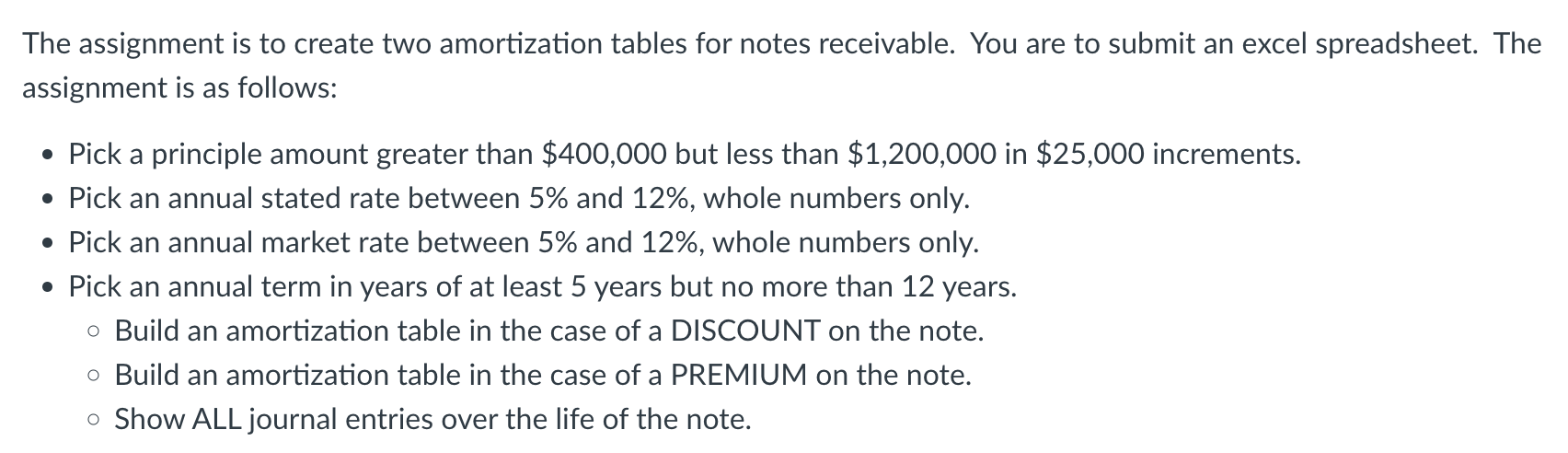 The assignment is to create two amortization tables for notes receivable. You