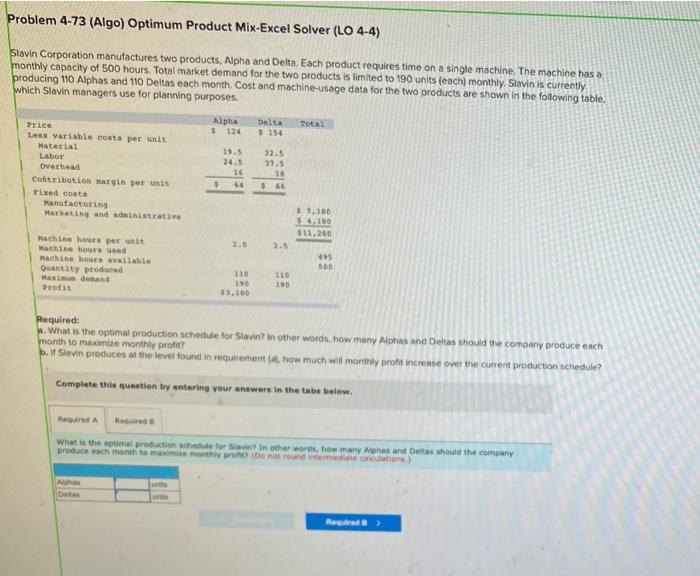 Problem 4-73 (Algo) Optimum Product Mix-Excel Solver (LO 4-4) Slavin Corporation manufactures