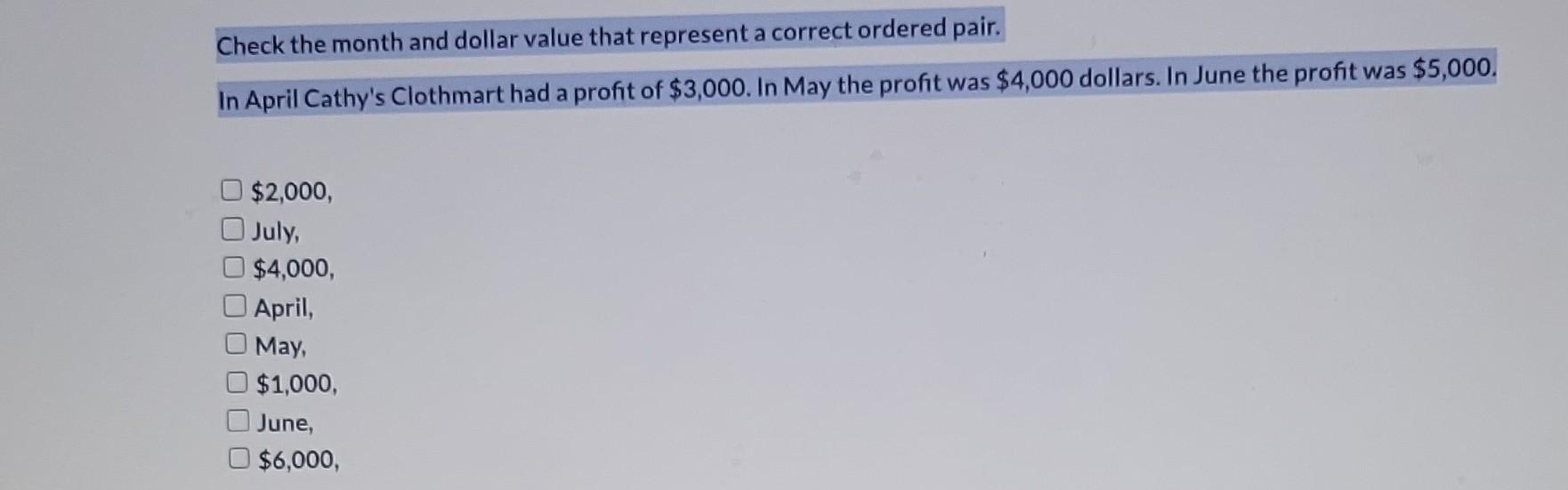 Check the month and dollar value that represent a correct ordered pair.