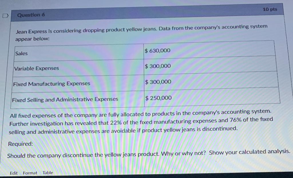 D Question 6 10 pts Jean Express is considering dropping product yellow