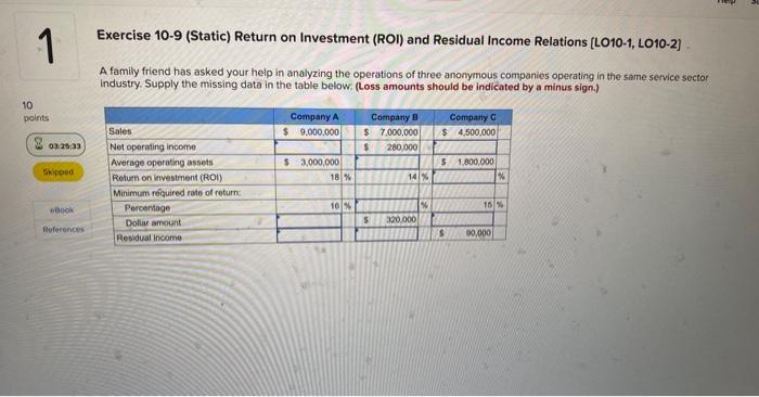 1 10 points Exercise 10-9 (Static) Return on Investment (ROI) and Residual