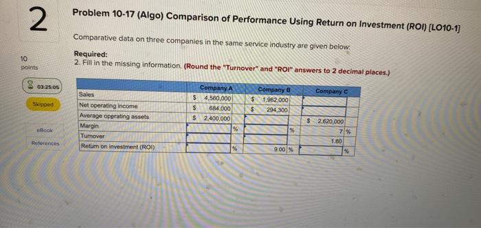 2 10 points Problem 10-17 (Algo) Comparison of Performance Using Return on