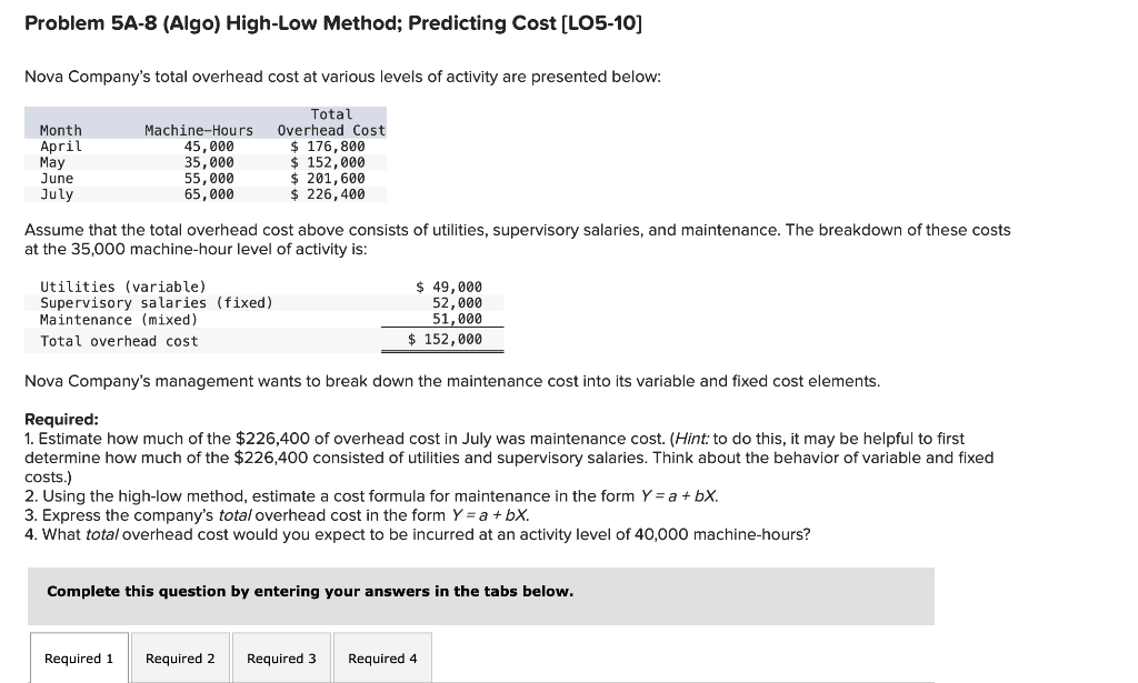 Problem 5A-8 (Algo) High-Low Method; Predicting Cost [LO5-10] Nova Company's total overhead