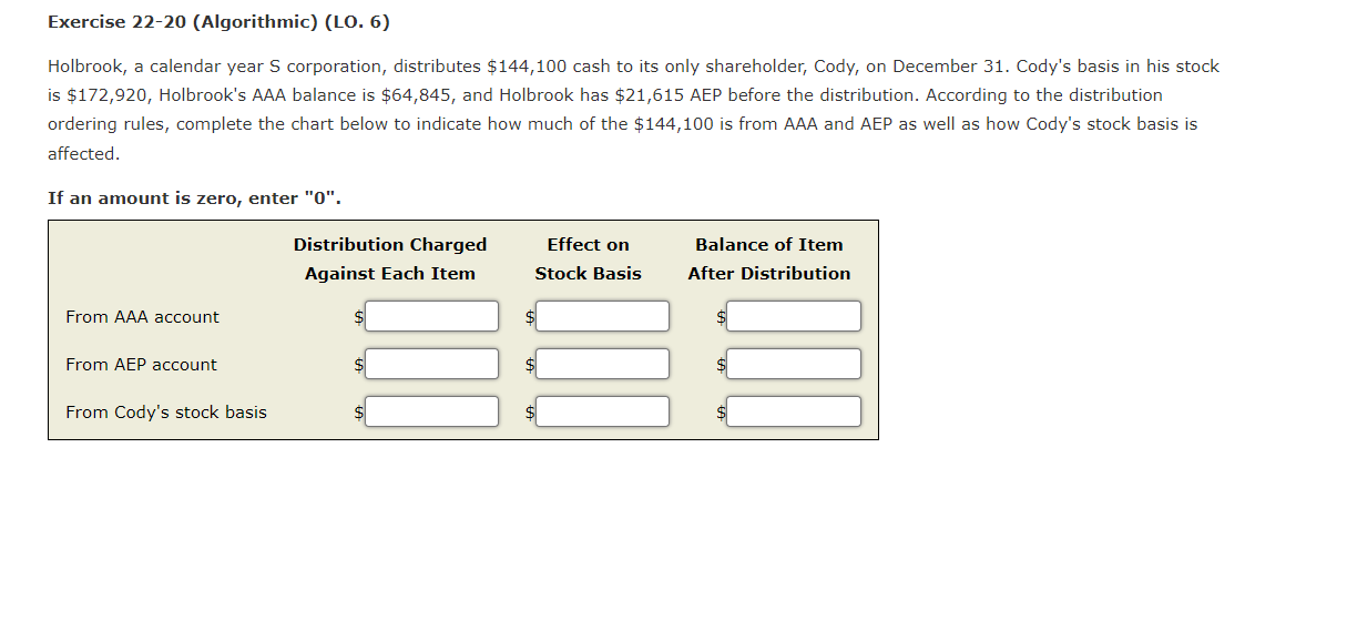 Exercise 22-20 (Algorithmic) (LO. 6) Holbrook, a calendar year S corporation, distributes