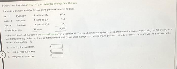 Periodic Inventory Using FIFO, LIFO, and Weighted Average Cost Methods The units