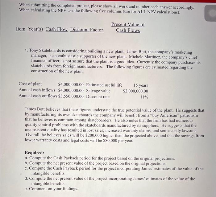 When submitting the completed project, please show all work and number each