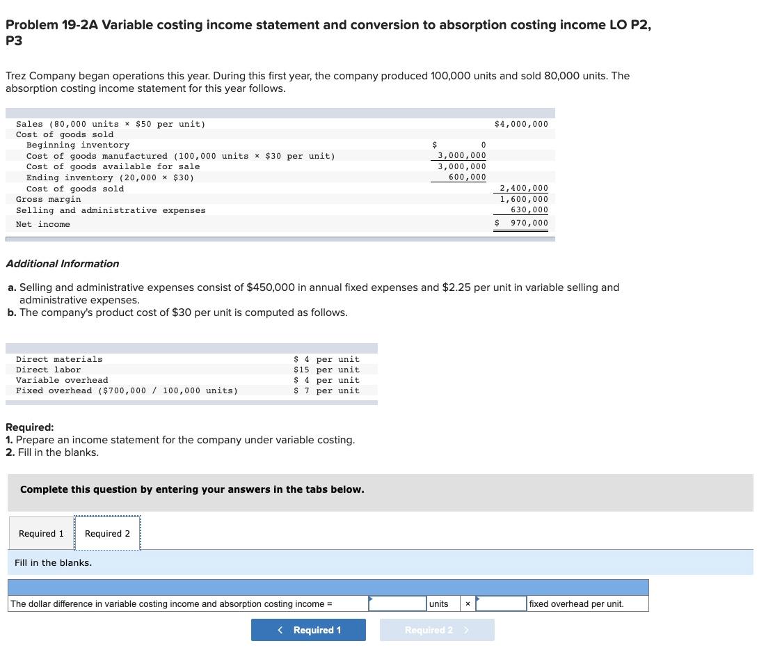 Problem 19-2A Variable costing income statement and conversion to absorption costing income