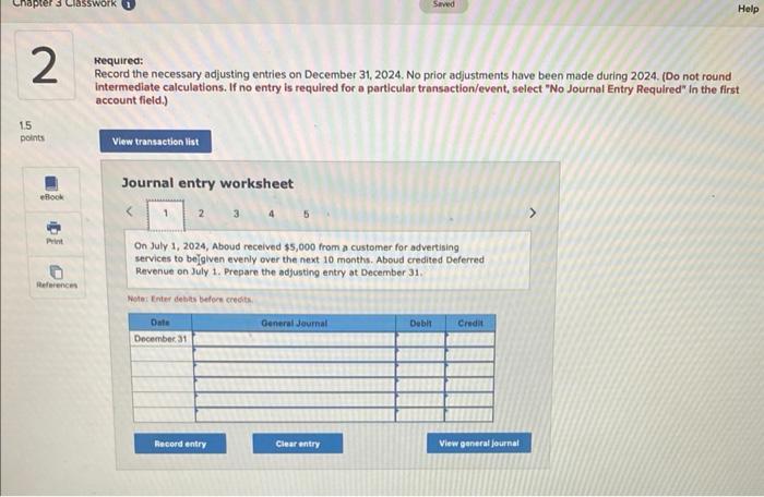 1.5 apter 3 Classwork 2 points eBook Saved Required: Record the necessary