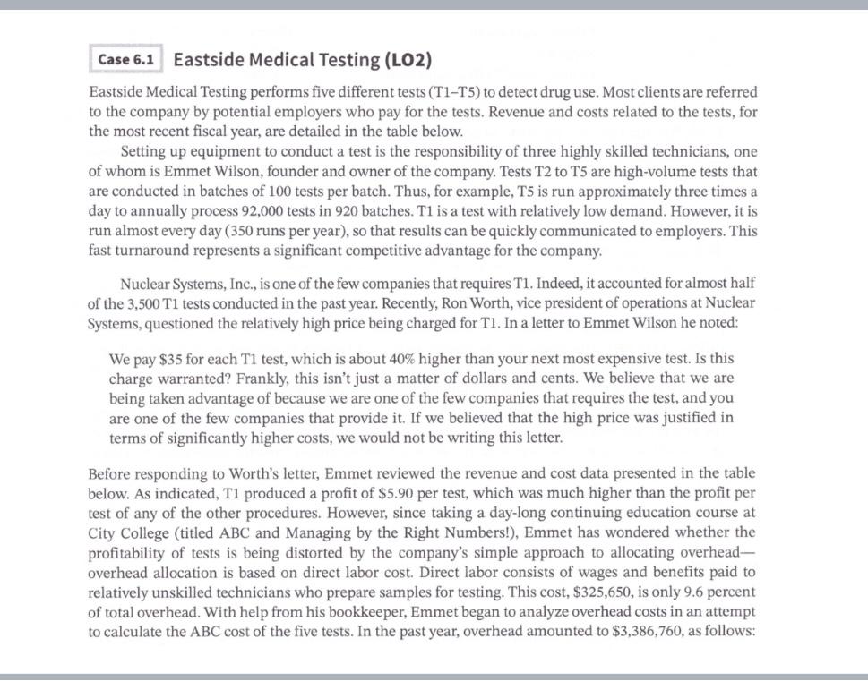 Case 6.1 Eastside Medical Testing (LO2) Eastside Medical Testing performs five different