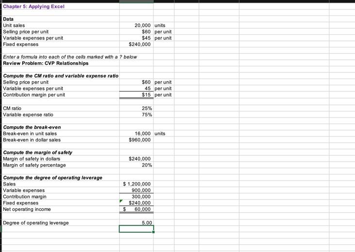 Chapter 5: Applying Excel Data Unit sales Selling price per unit Variable