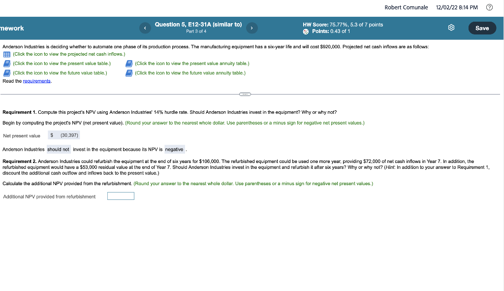 Robert Comunale 12/02/22 8:14 PM mework Question 5, E12-31A (similar to) Part