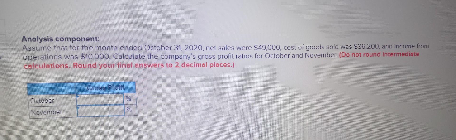 Analysis component: Assume that for the month ended October 31, 2020, net